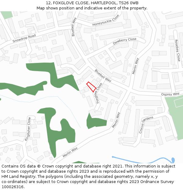 12, FOXGLOVE CLOSE, HARTLEPOOL, TS26 0WB: Location map and indicative extent of plot