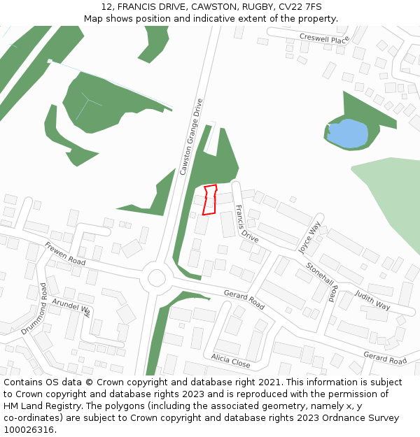12, FRANCIS DRIVE, CAWSTON, RUGBY, CV22 7FS: Location map and indicative extent of plot