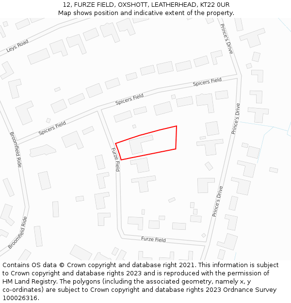 12, FURZE FIELD, OXSHOTT, LEATHERHEAD, KT22 0UR: Location map and indicative extent of plot