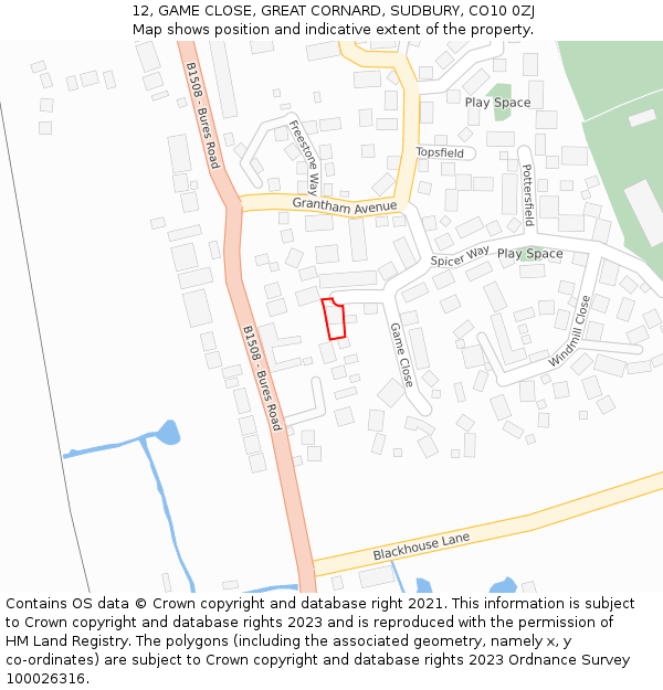 12, GAME CLOSE, GREAT CORNARD, SUDBURY, CO10 0ZJ: Location map and indicative extent of plot