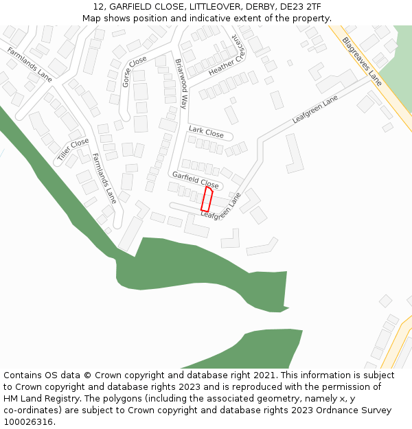12, GARFIELD CLOSE, LITTLEOVER, DERBY, DE23 2TF: Location map and indicative extent of plot
