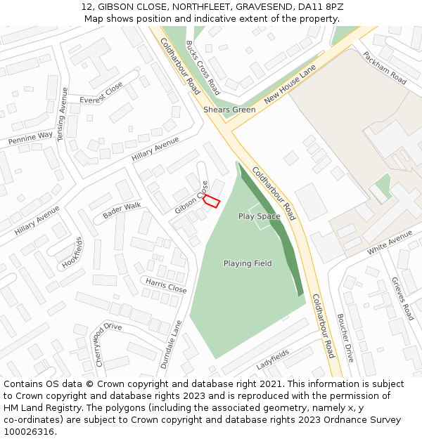 12, GIBSON CLOSE, NORTHFLEET, GRAVESEND, DA11 8PZ: Location map and indicative extent of plot