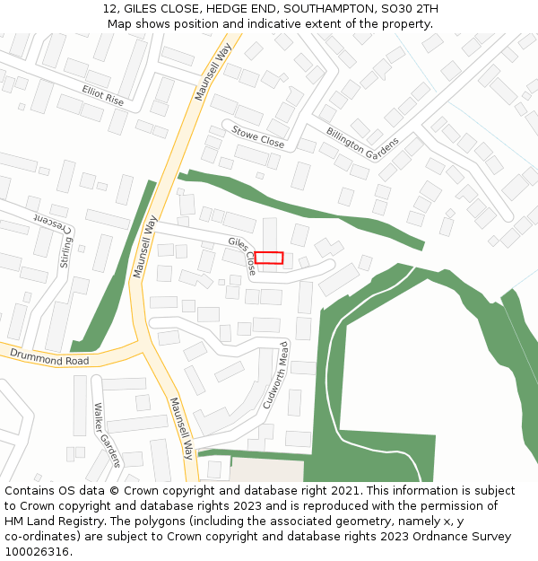 12, GILES CLOSE, HEDGE END, SOUTHAMPTON, SO30 2TH: Location map and indicative extent of plot