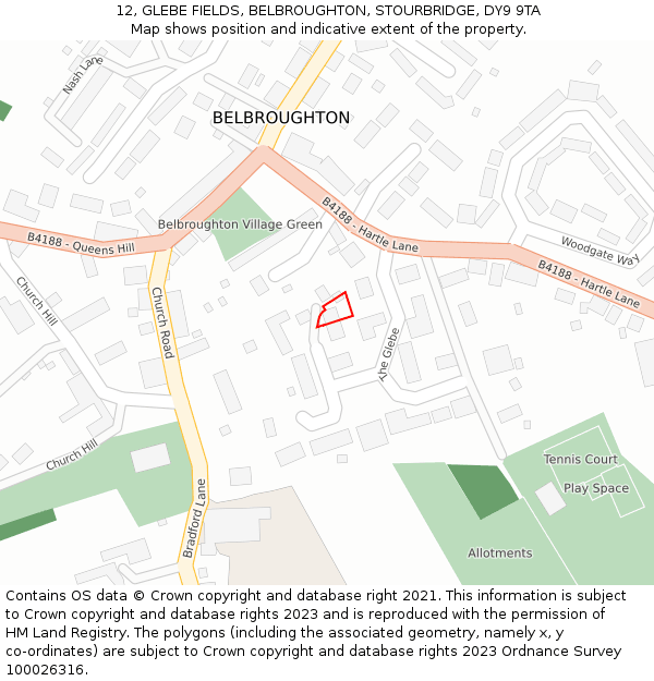 12, GLEBE FIELDS, BELBROUGHTON, STOURBRIDGE, DY9 9TA: Location map and indicative extent of plot