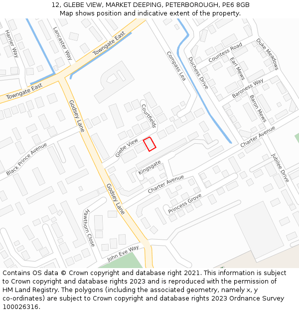 12, GLEBE VIEW, MARKET DEEPING, PETERBOROUGH, PE6 8GB: Location map and indicative extent of plot
