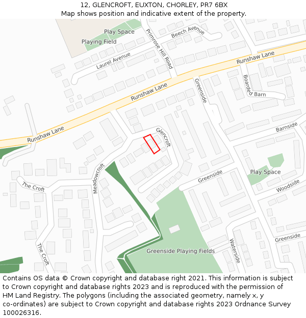 12, GLENCROFT, EUXTON, CHORLEY, PR7 6BX: Location map and indicative extent of plot