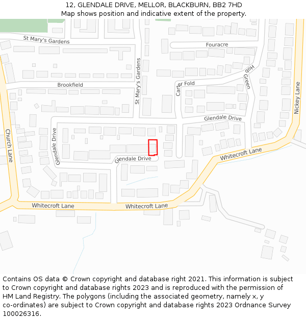 12, GLENDALE DRIVE, MELLOR, BLACKBURN, BB2 7HD: Location map and indicative extent of plot