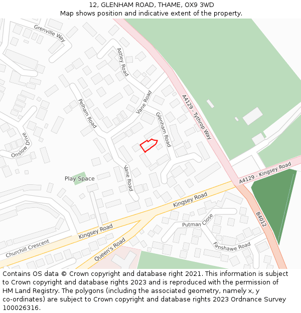 12, GLENHAM ROAD, THAME, OX9 3WD: Location map and indicative extent of plot