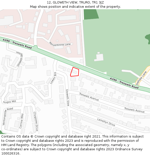 12, GLOWETH VIEW, TRURO, TR1 3JZ: Location map and indicative extent of plot
