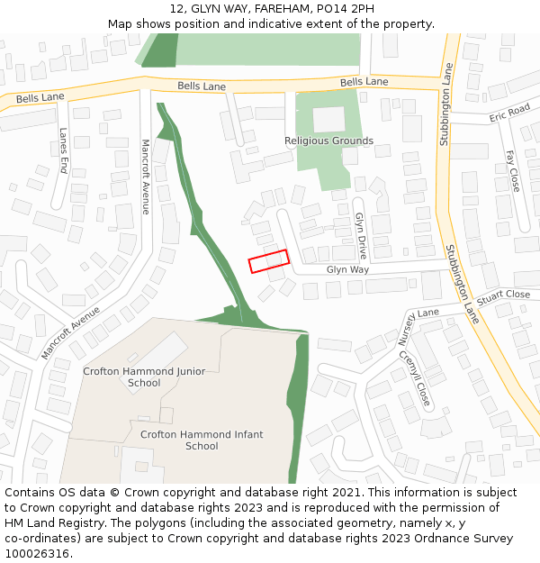 12, GLYN WAY, FAREHAM, PO14 2PH: Location map and indicative extent of plot