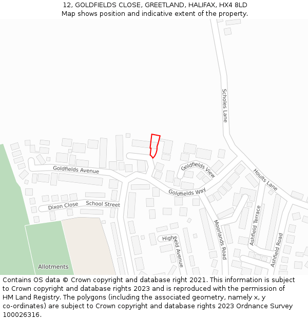 12, GOLDFIELDS CLOSE, GREETLAND, HALIFAX, HX4 8LD: Location map and indicative extent of plot
