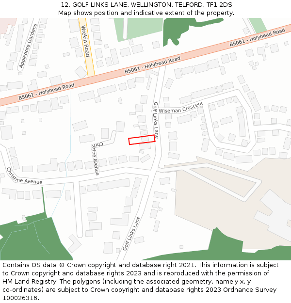 12, GOLF LINKS LANE, WELLINGTON, TELFORD, TF1 2DS: Location map and indicative extent of plot