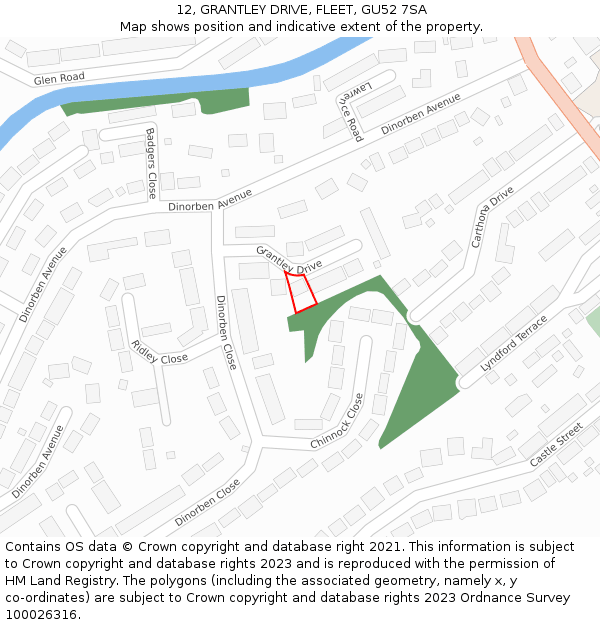 12, GRANTLEY DRIVE, FLEET, GU52 7SA: Location map and indicative extent of plot