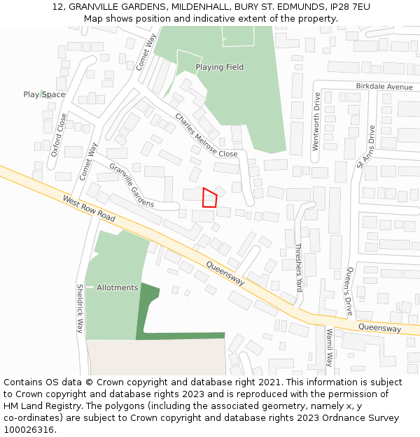 12, GRANVILLE GARDENS, MILDENHALL, BURY ST. EDMUNDS, IP28 7EU: Location map and indicative extent of plot