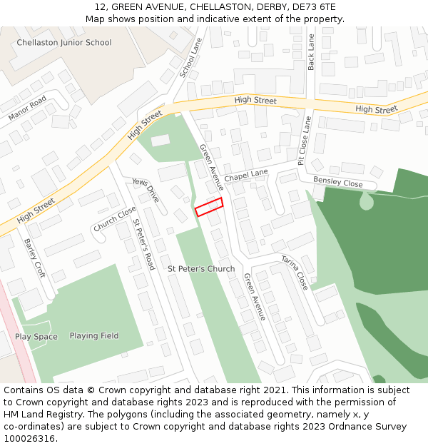 12, GREEN AVENUE, CHELLASTON, DERBY, DE73 6TE: Location map and indicative extent of plot