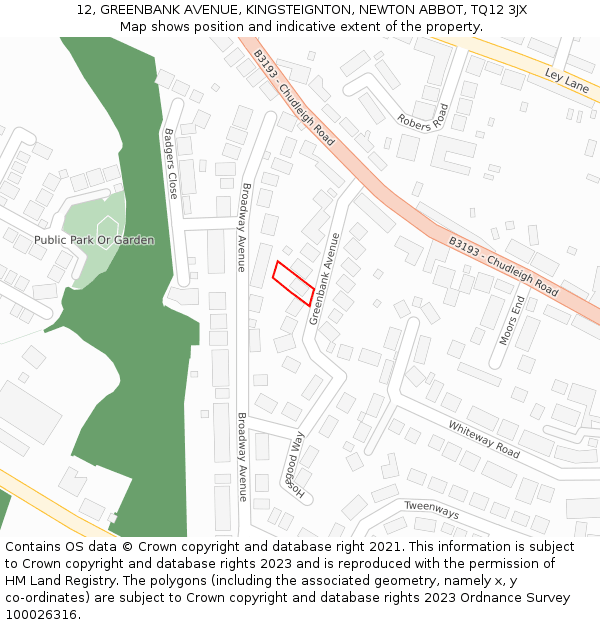 12, GREENBANK AVENUE, KINGSTEIGNTON, NEWTON ABBOT, TQ12 3JX: Location map and indicative extent of plot