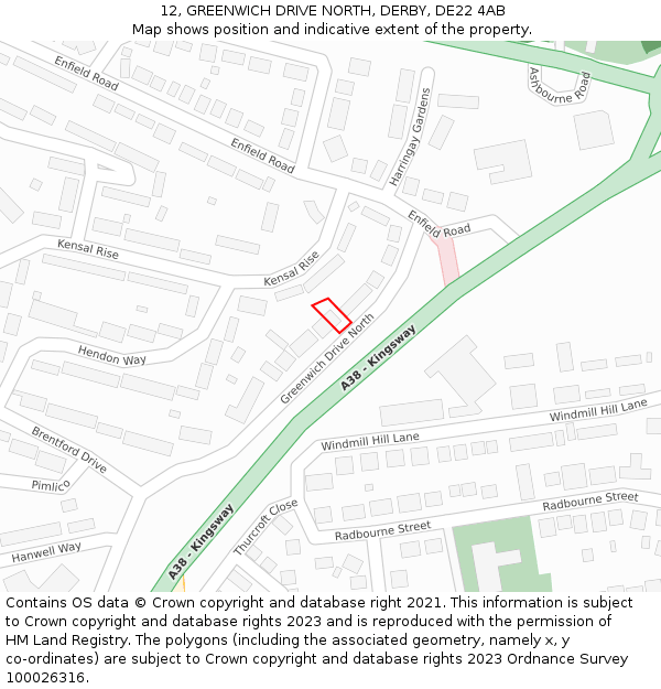 12, GREENWICH DRIVE NORTH, DERBY, DE22 4AB: Location map and indicative extent of plot