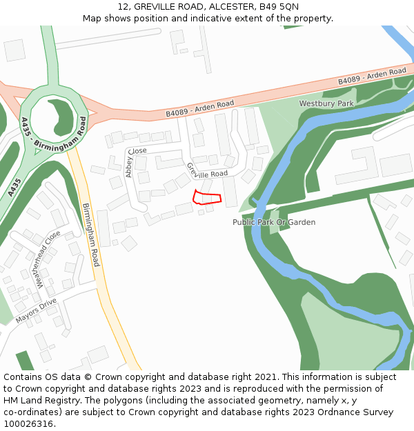 12, GREVILLE ROAD, ALCESTER, B49 5QN: Location map and indicative extent of plot