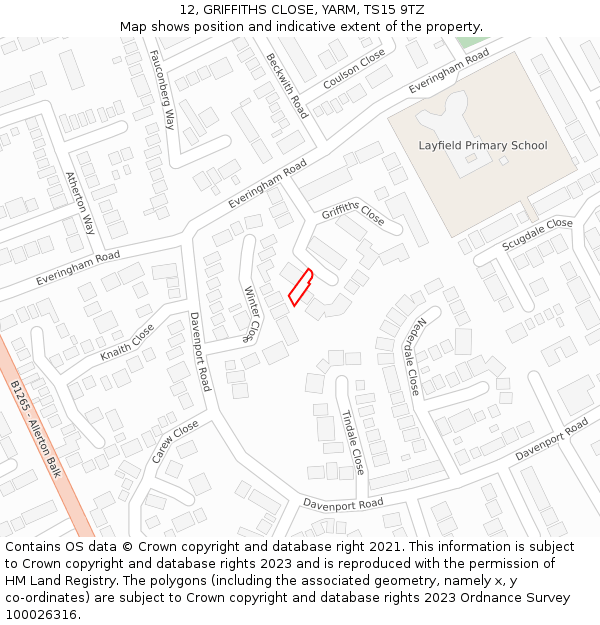 12, GRIFFITHS CLOSE, YARM, TS15 9TZ: Location map and indicative extent of plot