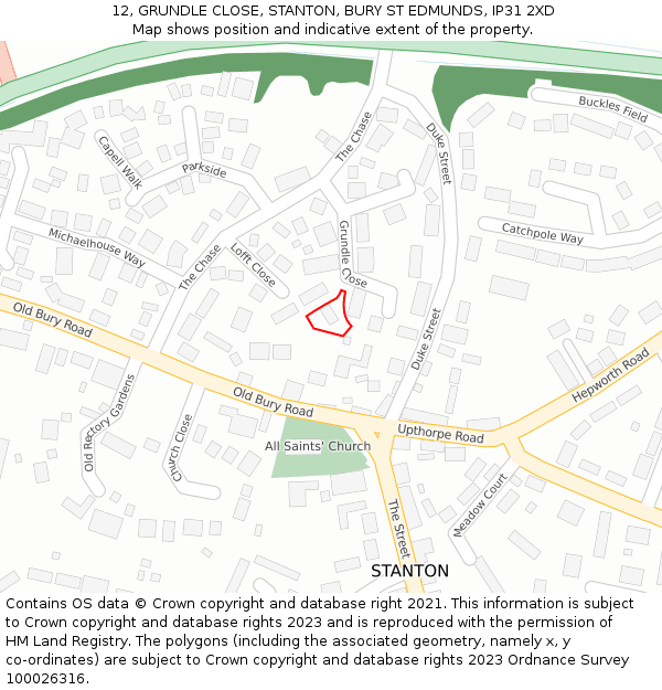 12, GRUNDLE CLOSE, STANTON, BURY ST EDMUNDS, IP31 2XD: Location map and indicative extent of plot