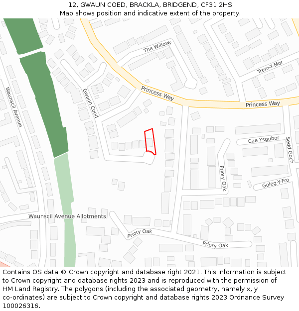 12, GWAUN COED, BRACKLA, BRIDGEND, CF31 2HS: Location map and indicative extent of plot
