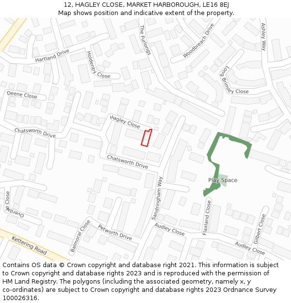 12, HAGLEY CLOSE, MARKET HARBOROUGH, LE16 8EJ: Location map and indicative extent of plot