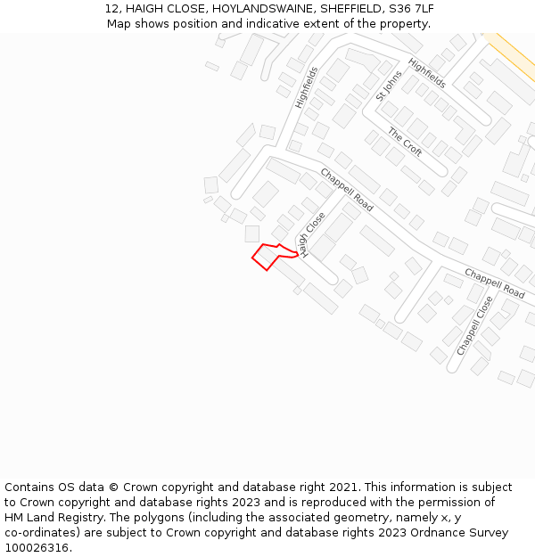 12, HAIGH CLOSE, HOYLANDSWAINE, SHEFFIELD, S36 7LF: Location map and indicative extent of plot
