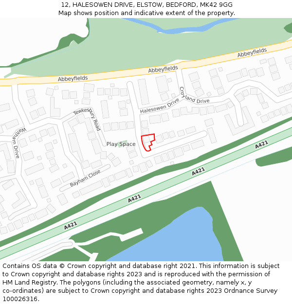 12, HALESOWEN DRIVE, ELSTOW, BEDFORD, MK42 9GG: Location map and indicative extent of plot
