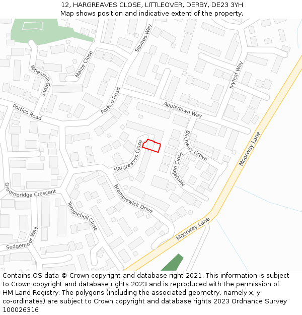 12, HARGREAVES CLOSE, LITTLEOVER, DERBY, DE23 3YH: Location map and indicative extent of plot