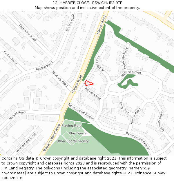 12, HARRIER CLOSE, IPSWICH, IP3 9TF: Location map and indicative extent of plot