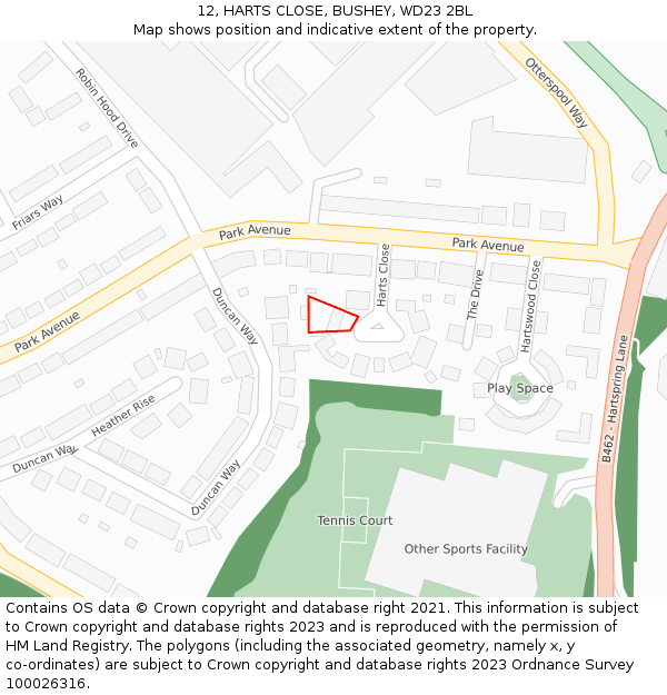 12, HARTS CLOSE, BUSHEY, WD23 2BL: Location map and indicative extent of plot