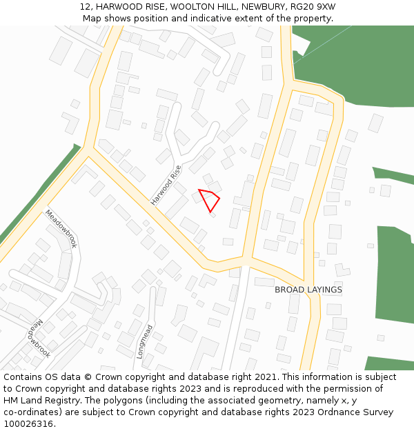 12, HARWOOD RISE, WOOLTON HILL, NEWBURY, RG20 9XW: Location map and indicative extent of plot