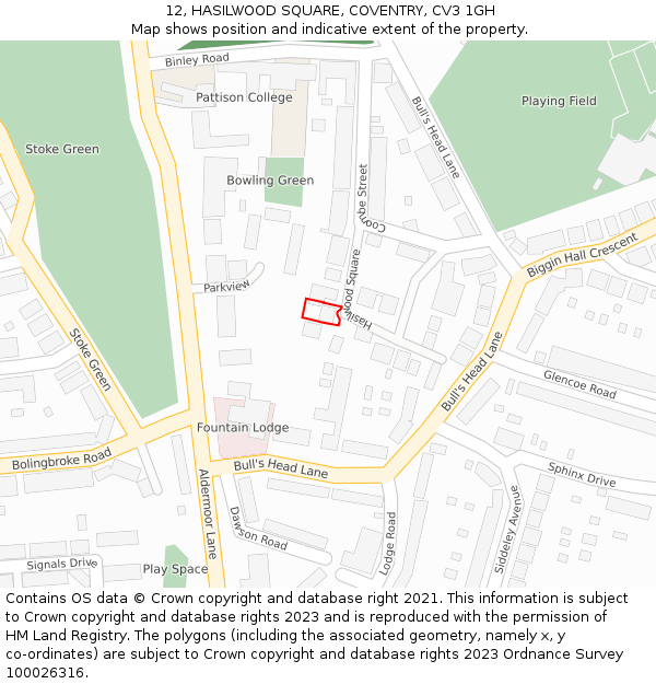 12, HASILWOOD SQUARE, COVENTRY, CV3 1GH: Location map and indicative extent of plot