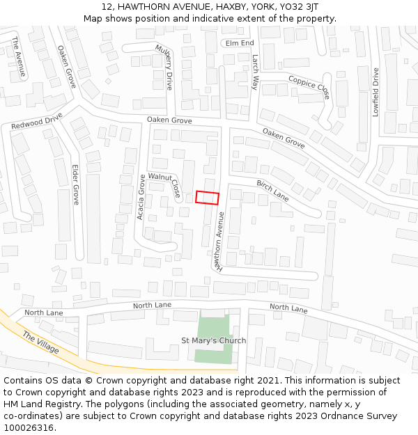 12, HAWTHORN AVENUE, HAXBY, YORK, YO32 3JT: Location map and indicative extent of plot