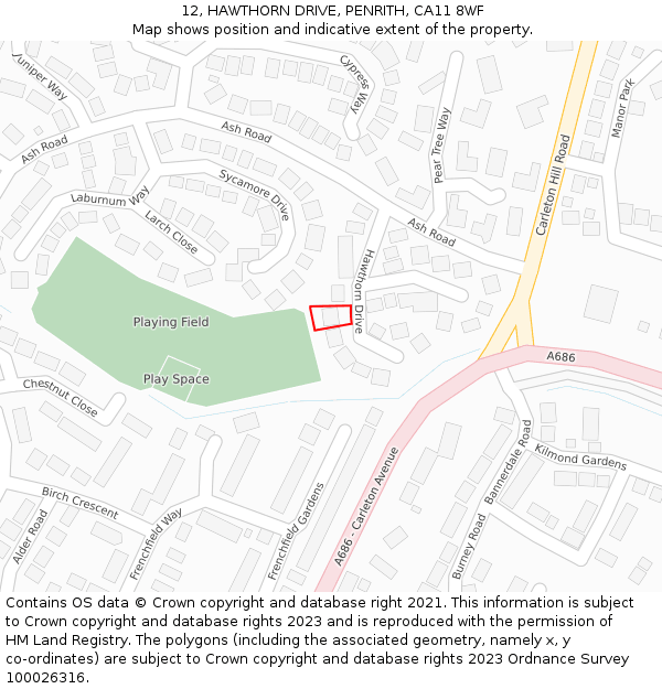 12, HAWTHORN DRIVE, PENRITH, CA11 8WF: Location map and indicative extent of plot