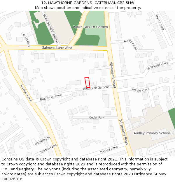 12, HAWTHORNE GARDENS, CATERHAM, CR3 5HW: Location map and indicative extent of plot