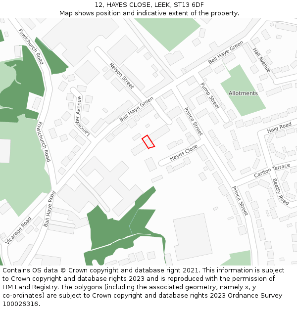 12, HAYES CLOSE, LEEK, ST13 6DF: Location map and indicative extent of plot