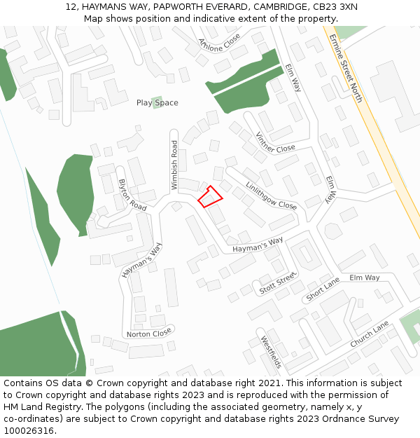 12, HAYMANS WAY, PAPWORTH EVERARD, CAMBRIDGE, CB23 3XN: Location map and indicative extent of plot