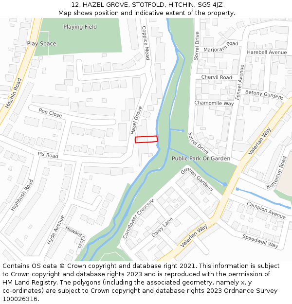12, HAZEL GROVE, STOTFOLD, HITCHIN, SG5 4JZ: Location map and indicative extent of plot