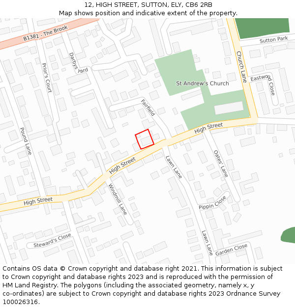 12, HIGH STREET, SUTTON, ELY, CB6 2RB: Location map and indicative extent of plot