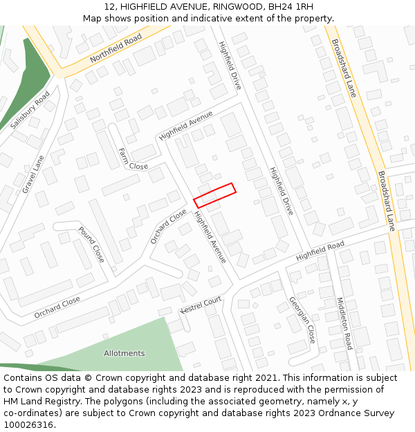 12, HIGHFIELD AVENUE, RINGWOOD, BH24 1RH: Location map and indicative extent of plot