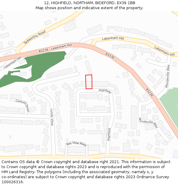 12, HIGHFIELD, NORTHAM, BIDEFORD, EX39 1BB: Location map and indicative extent of plot