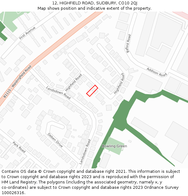 12, HIGHFIELD ROAD, SUDBURY, CO10 2QJ: Location map and indicative extent of plot