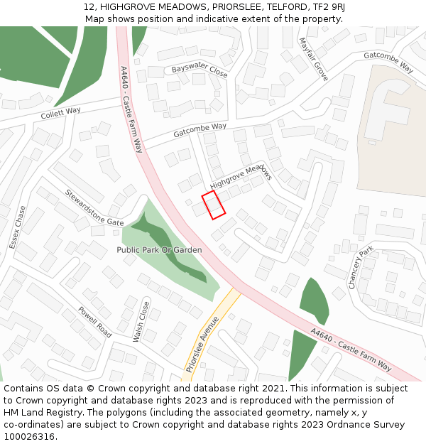12, HIGHGROVE MEADOWS, PRIORSLEE, TELFORD, TF2 9RJ: Location map and indicative extent of plot