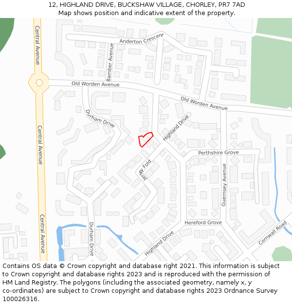 12, HIGHLAND DRIVE, BUCKSHAW VILLAGE, CHORLEY, PR7 7AD: Location map and indicative extent of plot