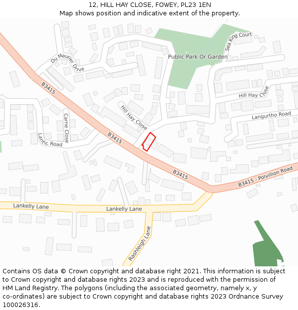 12, HILL HAY CLOSE, FOWEY, PL23 1EN: Location map and indicative extent of plot