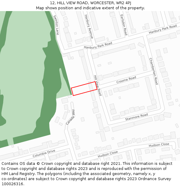 12, HILL VIEW ROAD, WORCESTER, WR2 4PJ: Location map and indicative extent of plot