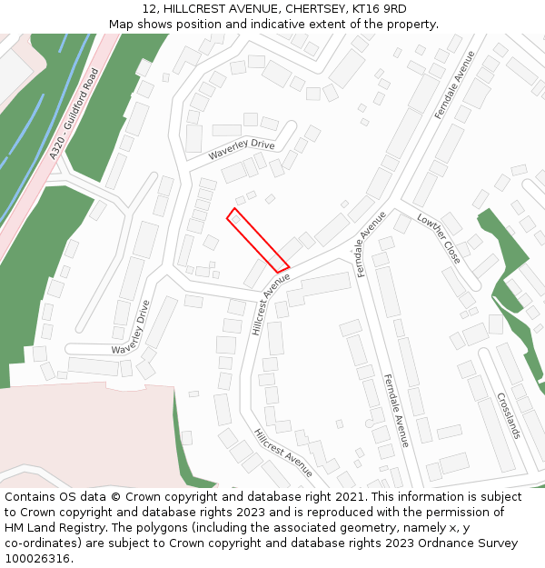 12, HILLCREST AVENUE, CHERTSEY, KT16 9RD: Location map and indicative extent of plot