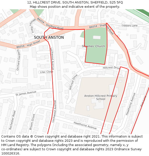 12, HILLCREST DRIVE, SOUTH ANSTON, SHEFFIELD, S25 5FQ: Location map and indicative extent of plot