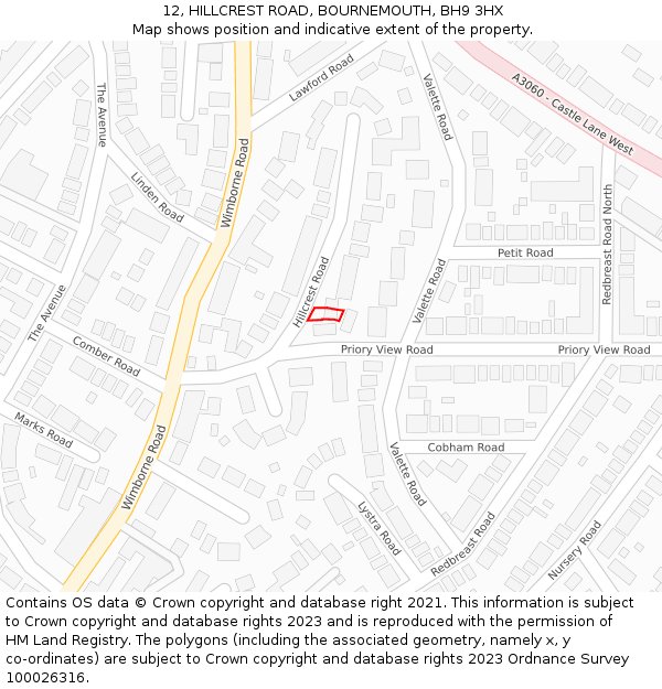 12, HILLCREST ROAD, BOURNEMOUTH, BH9 3HX: Location map and indicative extent of plot